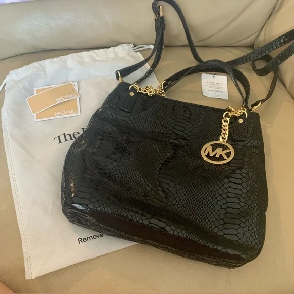 Michael Kors Jet Set Chain Black Messenger Embossed Leather 35F4GTCM2G Brand New - Picture 6 of 8